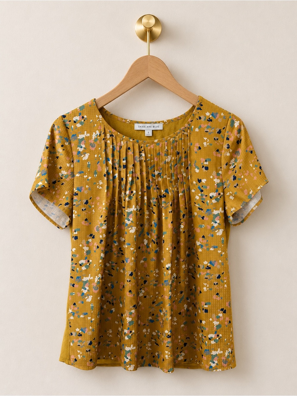 Skies Are Blue Mustard Floral Pleated Blouse Size S
